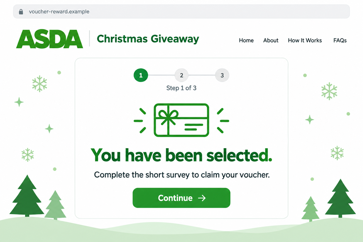 Illustrative fake ASDA Christmas giveaway page asking a visitor to continue a voucher survey on a fictional domain