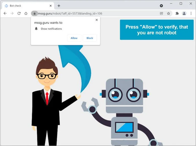 Image: Chrome browser is redirected to Mssg.guru