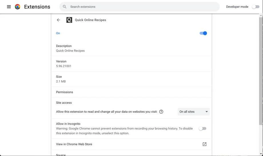 How To Remove Quick Online Recipes Browser Extension 1 Image: Quick Online Recipes Chrome extension