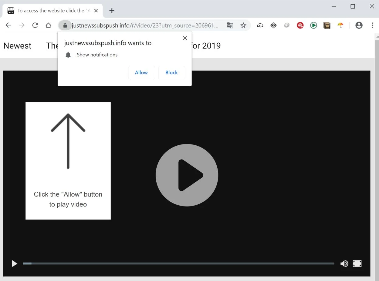 Image: Chrome browser is redirected to the Justnewssubspush.info site