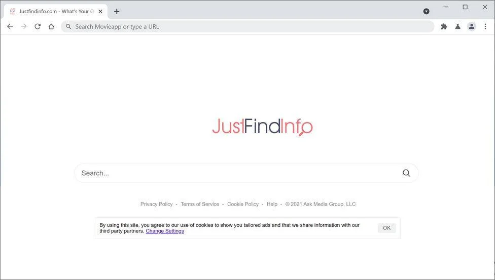 Image: Chrome browser is redirected to JustFindInfo