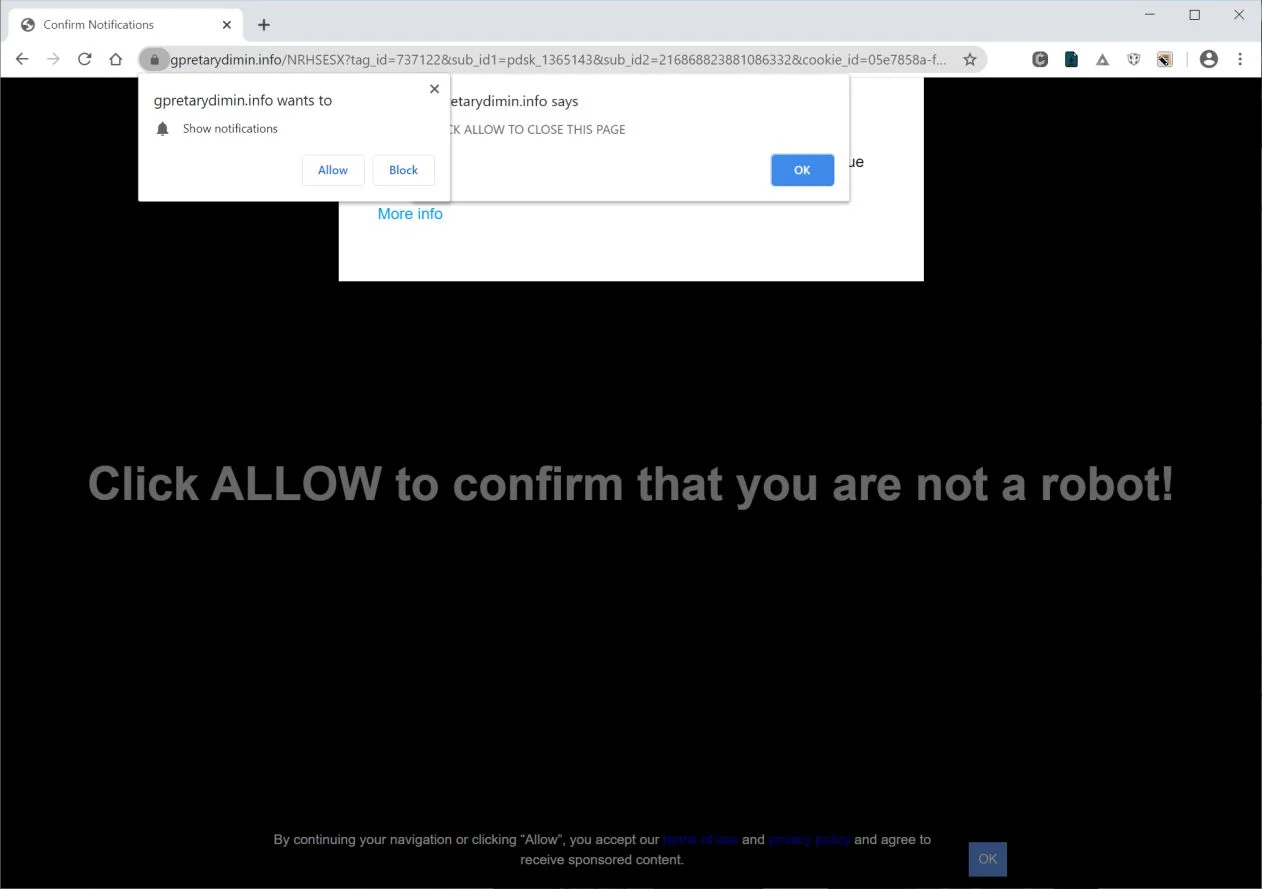 Remove Gpretarydimin.info pop-up ads (Virus Removal Guide) 1 Image: Chrome browser is redirected to Gpretarydimin.info
