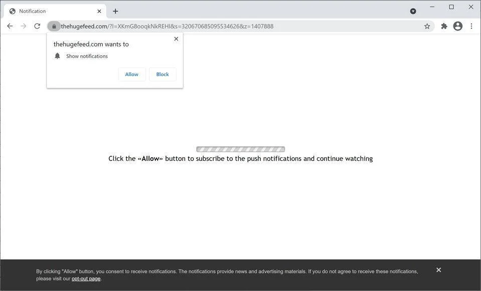 Image: Chrome browser is redirected to Thehugefeed.com