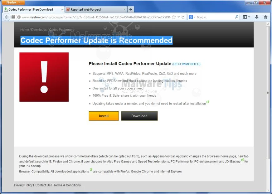 Picture of Codec Performer Update is Recommended virus