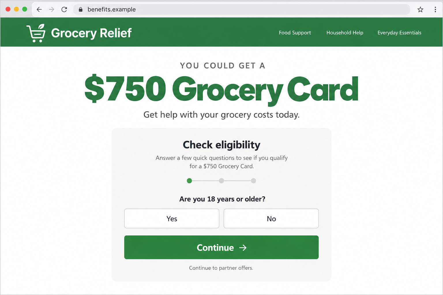 Fictional grocery relief interface illustrating a $750 card offer and partner-offer handoff