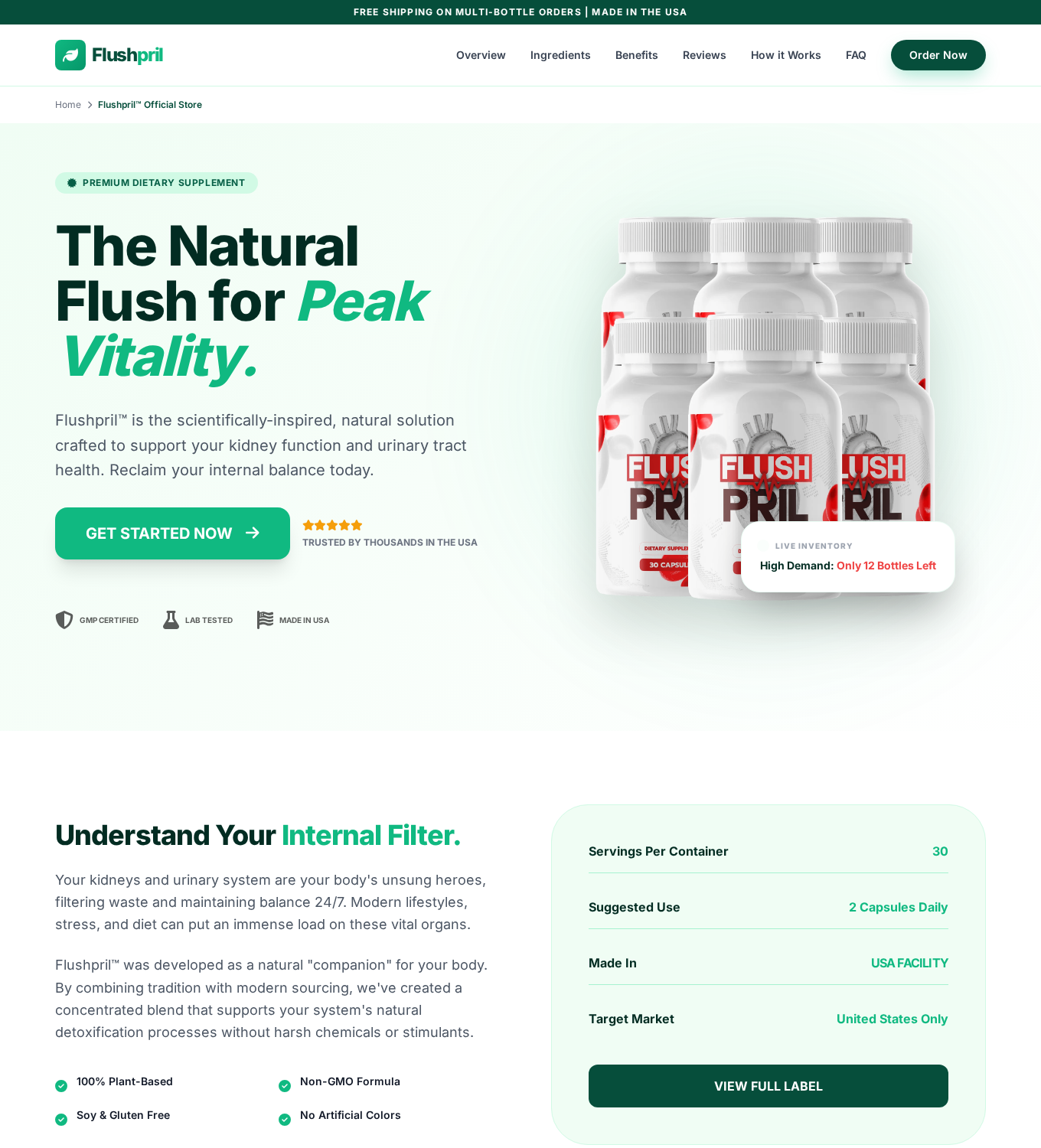 Flushpril promotional site advertising kidney and urinary support alongside bottles and lab-tested and made-in-USA claims