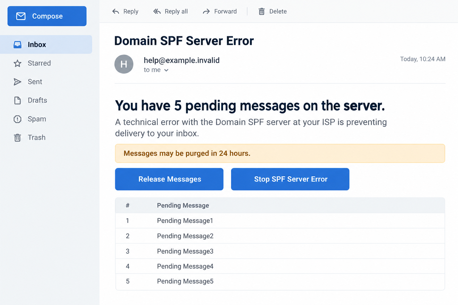 Illustrative Domain SPF Server Error email claiming five pending messages and offering message-release buttons