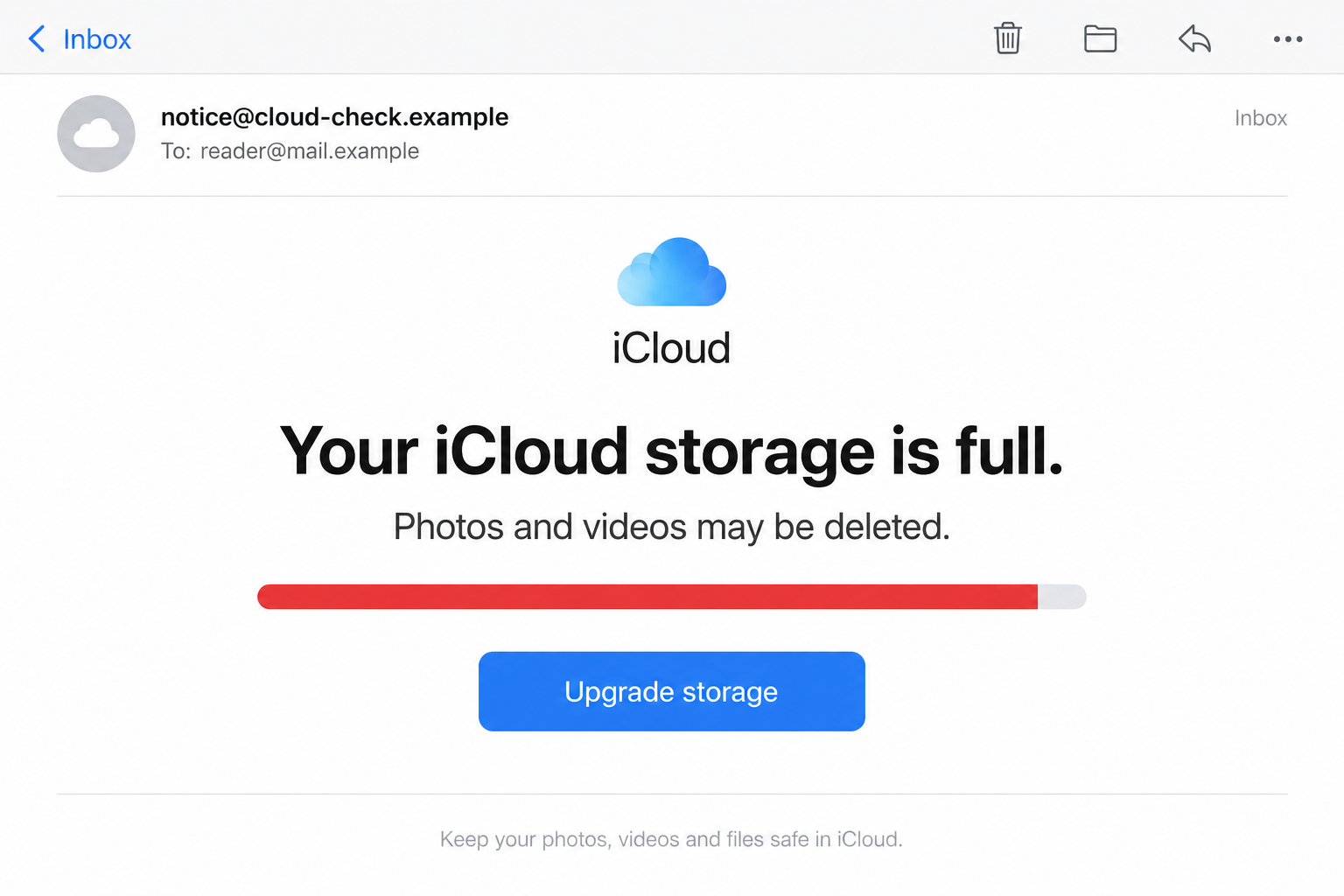 iCloud Storage Email Scam: Why the Photo Deletion Warning Wants Your Login 1 Illustrative iCloud storage email using a photo deletion warning and an upgrade button on a fictional domain