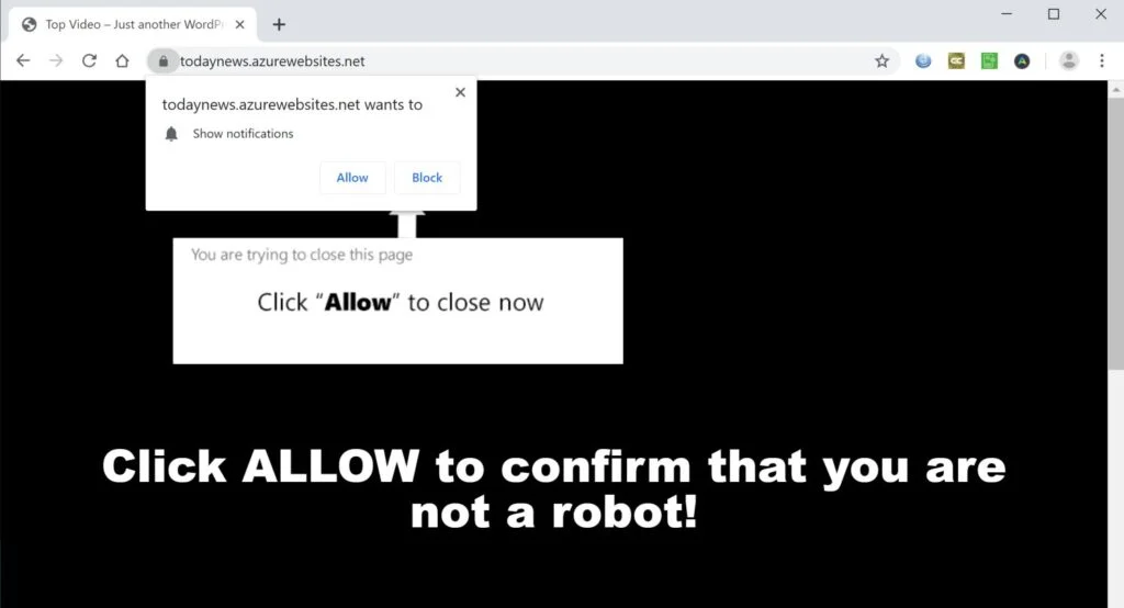 Watch Out for the Fake AzureWebsites.net Scam Websites 3 Image: Chrome browser is redirected to Todaynews.azurewebsites.net