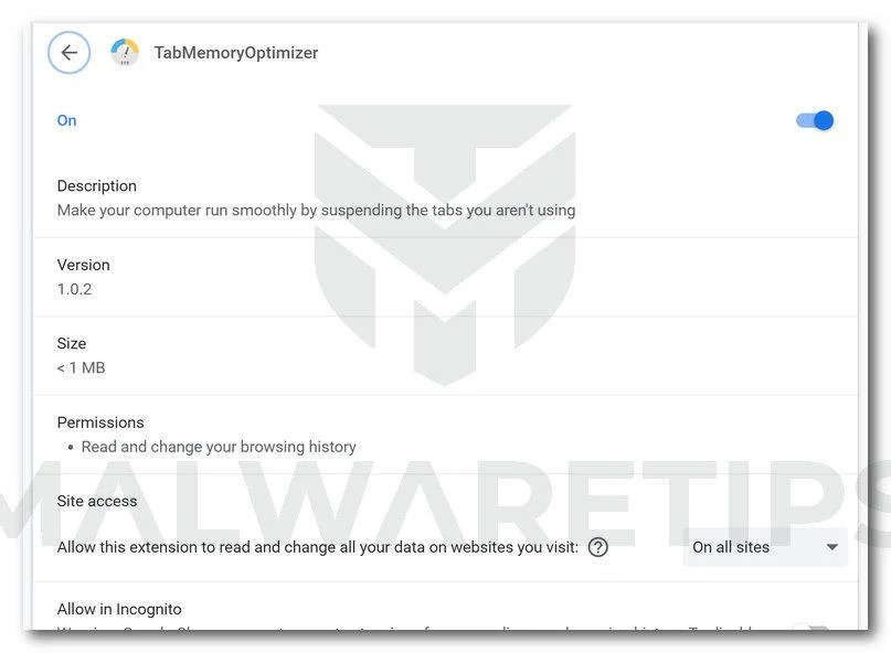 Remove TabMemoryOptimizer adware (Virus Removal Guide) 1 Image: TabMemoryOptimizer Chrome extension