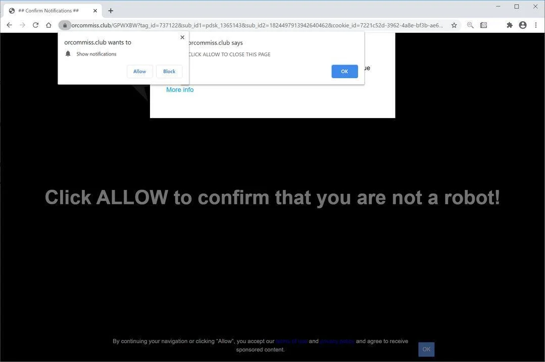 Image: Chrome browser is redirected to Orcommiss.club