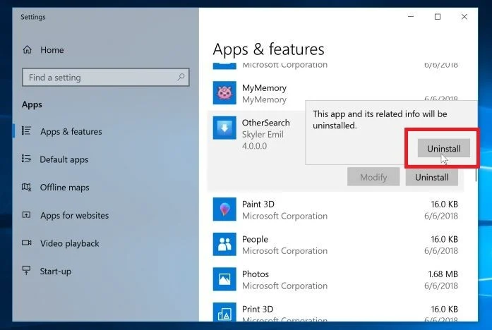 Click again on the Uninstall button to remove the malicious program Click again on the Uninstall button to remove the malicious program - Windows 10