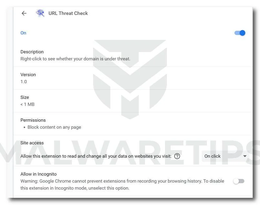 Remove URL Threat Check browser extension (Virus Removal Guide) 1 Image: URL Threat Check Chrome extension