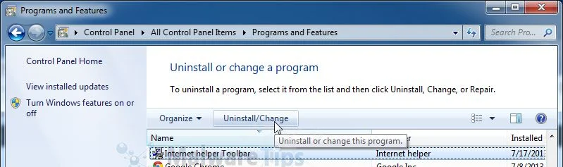 [Image: Uninstall Internet Helper Toolbar from Windows]