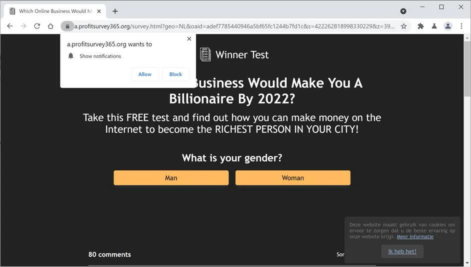 Remove Profitsurvey365.org pop-up ads (Virus Removal Guide) 1 Image: Chrome browser is redirected to Profitsurvey365.org