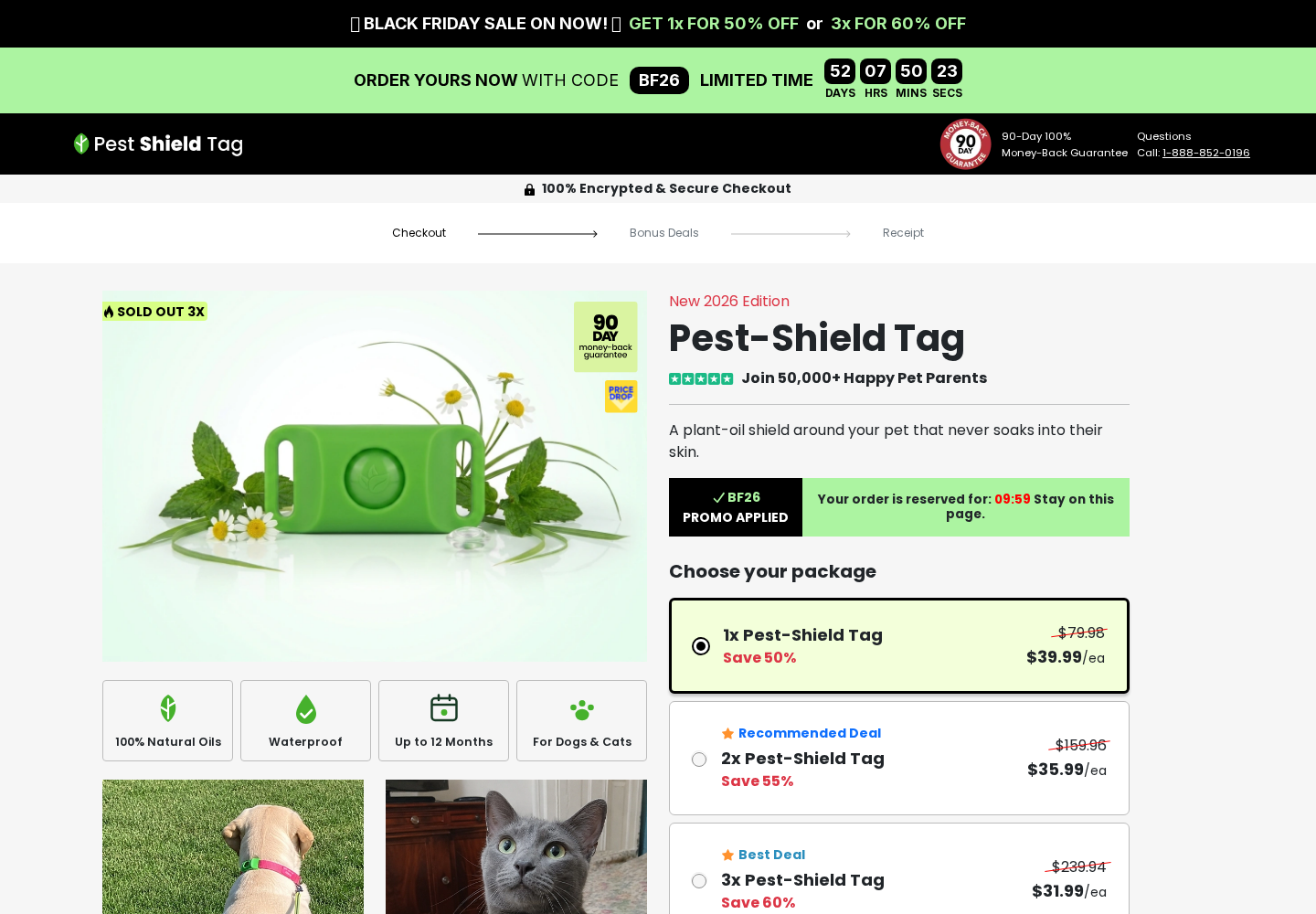 Pest-Shield Tag checkout displaying package quantities, unit prices, and the 90-day return wording