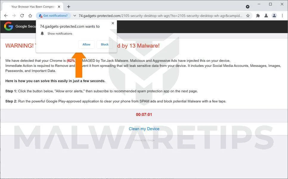 Image: Chrome browser is redirected to Gadgets-protected.com