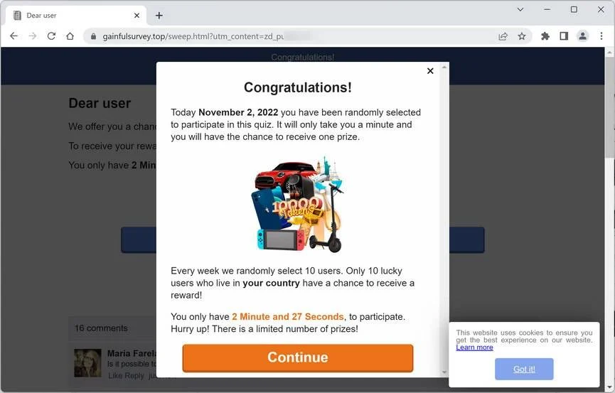 Remove Gainfulsurvey.top Ads (Virus Removal Guide) 1 Image: Gainfulsurvey.top Fake Survey