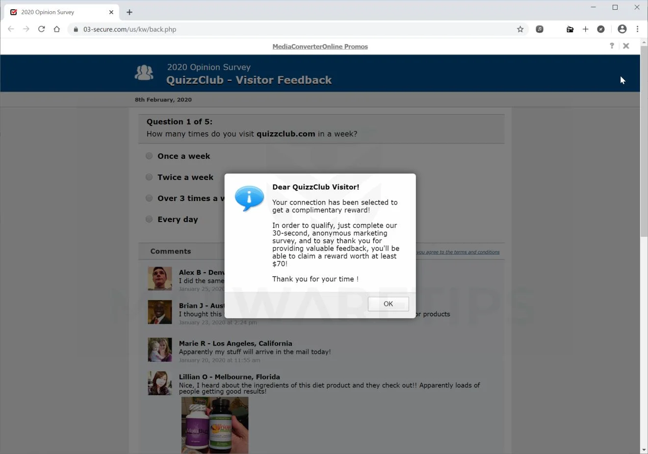 Remove "2020 Opinion Survey" pop-up ads (Virus Removal Guide) 1 Image: 2020 Opinion Survey Pop-up Scam