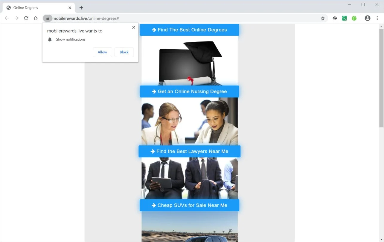 Image: Chrome browser is redirected to Mobilerewards.live