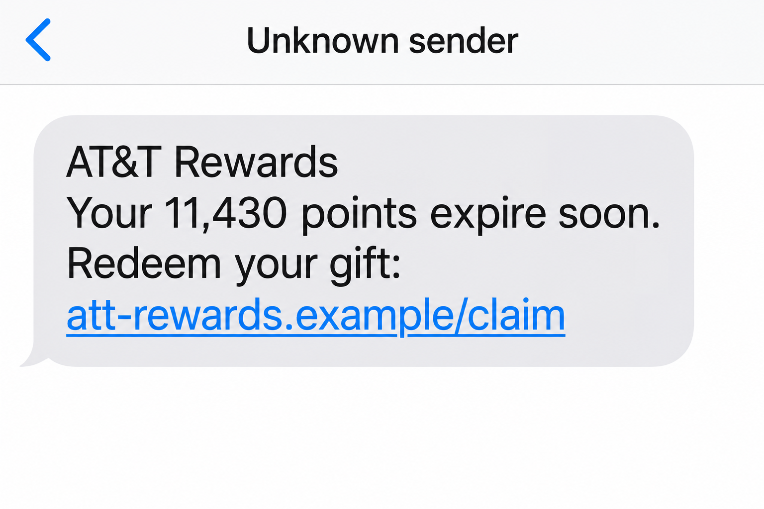 AT&T Reward Points Text Scam: The Fake Gifts That Steal Your Card Details 1 Illustrative AT&T reward points phishing text with an invented, nonfunctional example link