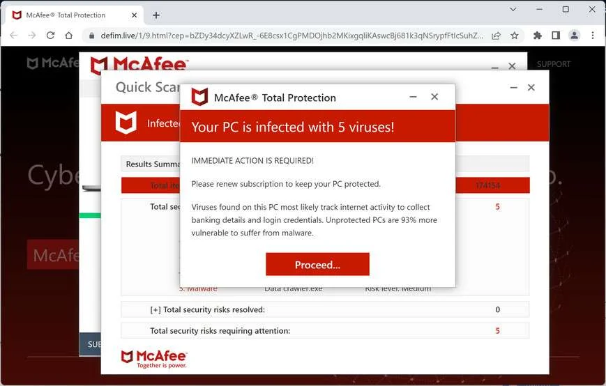 Image: Defim.live Fake McAfee Virus Alert