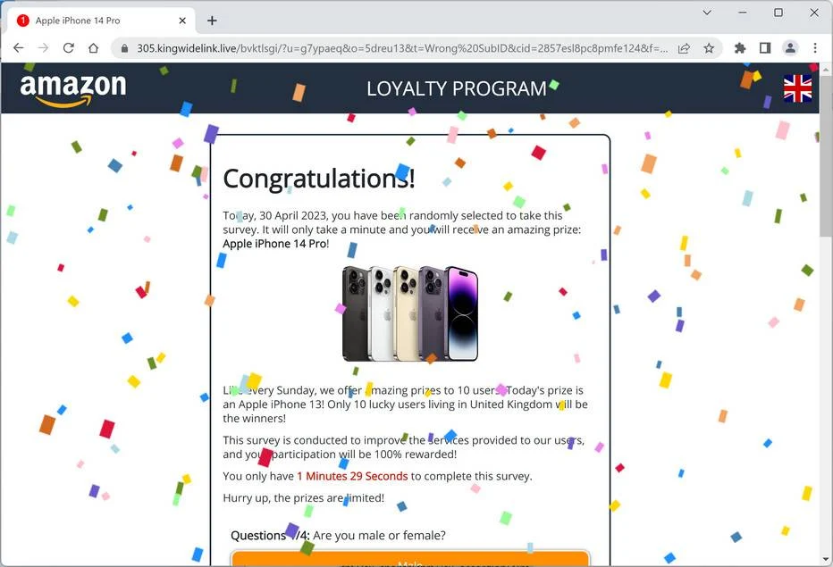 Screenshot of Kingwidelink.live Fake Survey