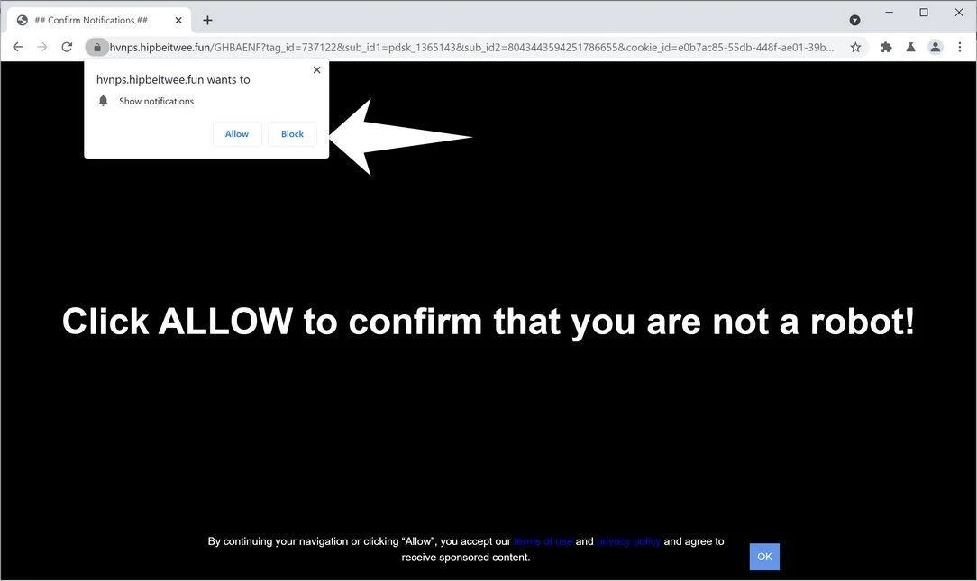 Remove Hipbeitwee.fun pop-up ads (Virus Removal Guide) 1 Image: Chrome browser is redirected to Hipbeitwee.fun