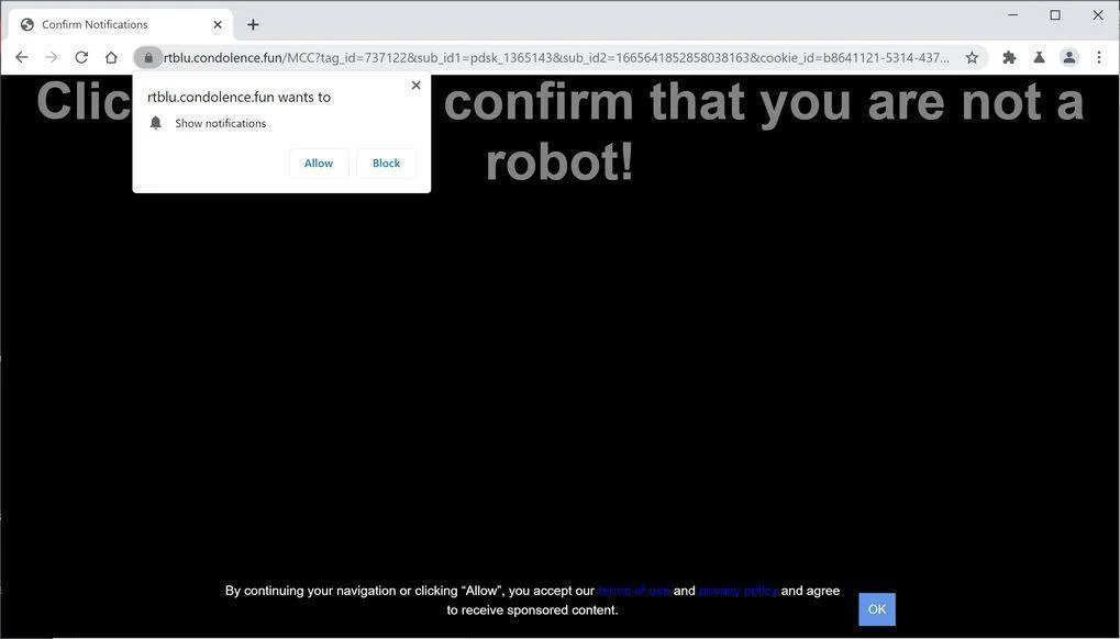 Image: Chrome browser is redirected to Condolence.fun