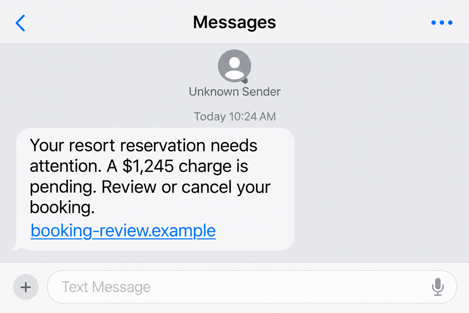 Example resort billing text with a $1,245 warning and a nonfunctional booking-review link