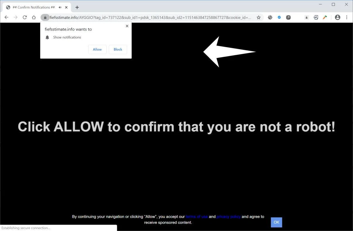 Remove Fiefsstimate.info pop-up ads (Virus Removal Guide) 1 Image: Chrome browser is redirected to Fiefsstimate.info
