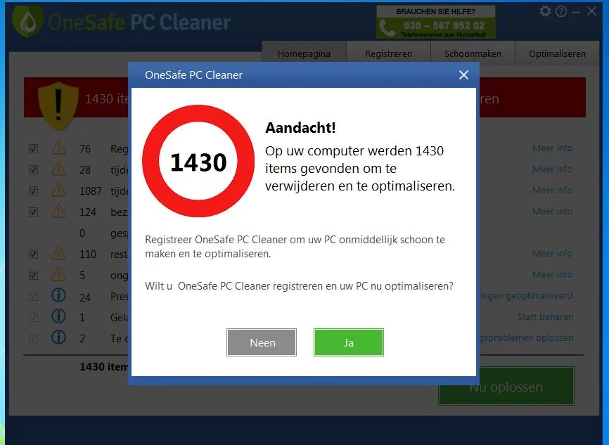 OneSafe PC Cleaner popup