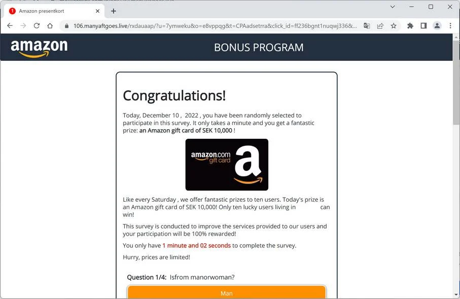 Image: Manyaftgoes.live Fake Amazon Loyalty Program Survey