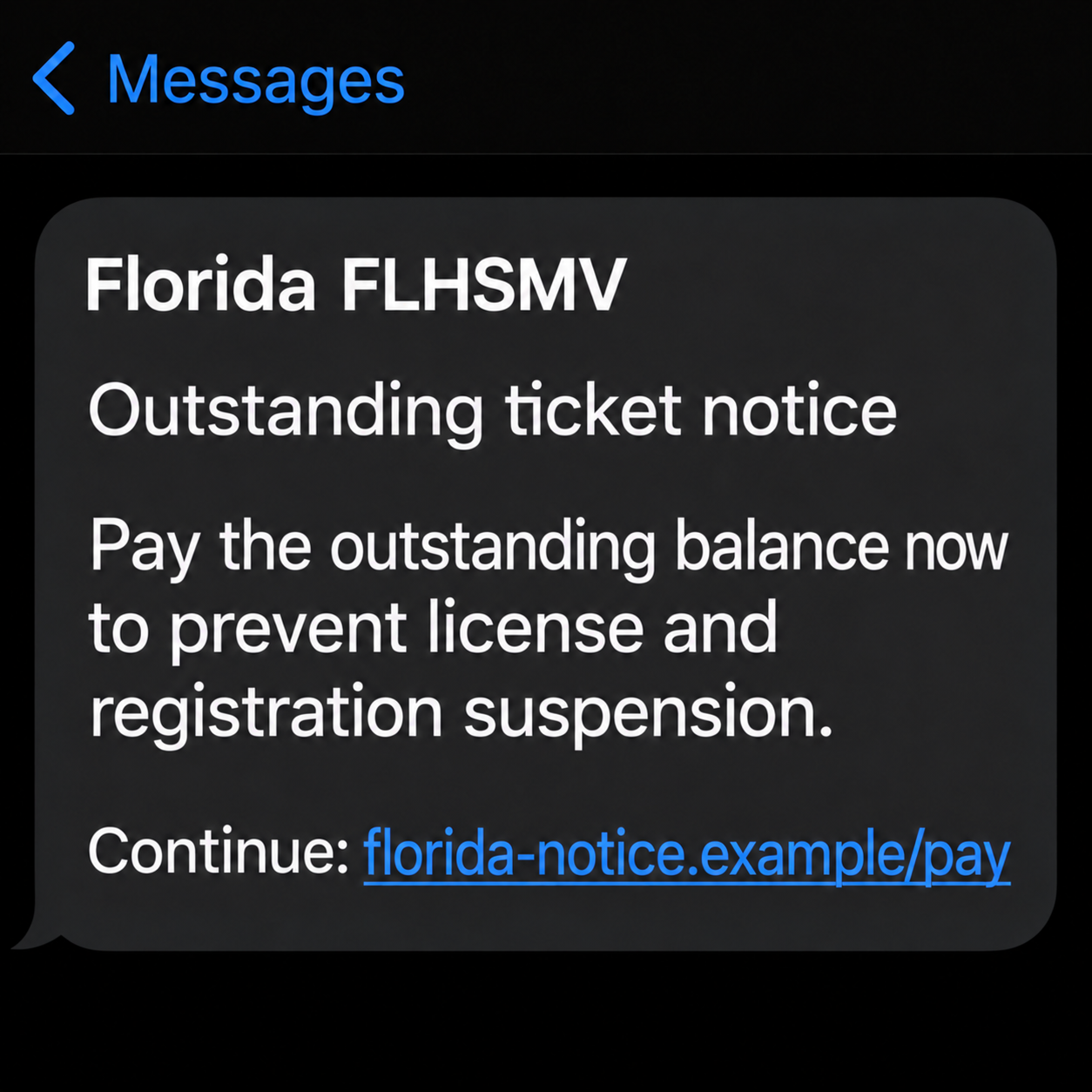 Fictional Florida FLHSMV ticket-payment text with suspension threats and a nonfunctional illustrative address