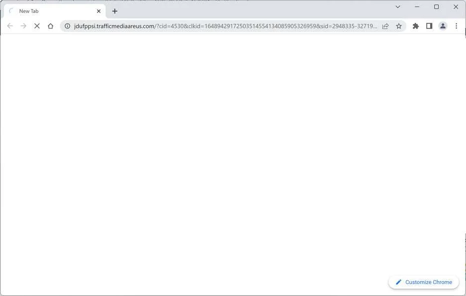 Image: Chrome browser is redirected to the Trafficmediaareus.com site