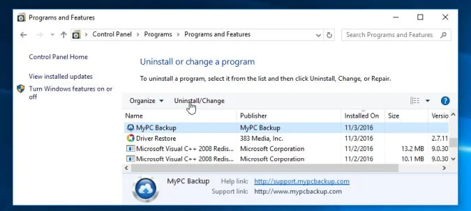 Uninstall MyPC Backup