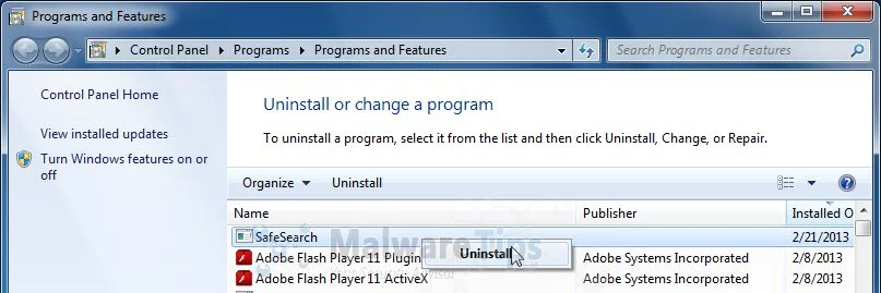 Uninstall SafeSearch from Windows Uninstall SafeSearch New Tab from Windows