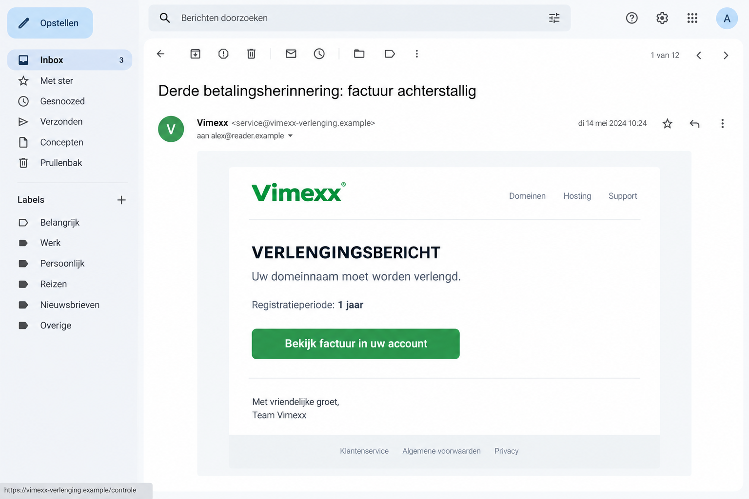 Vimexx Invoice Scam: Fake Domain Renewals Put Logins and Cards at Risk 1 Illustrative fake Vimexx renewal invoice email with a fictional account link and business-style layout