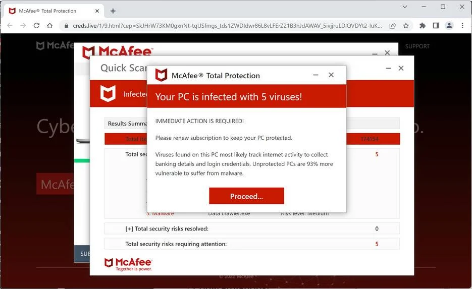 Image: Creds.live Fake McAfee Virus Alert