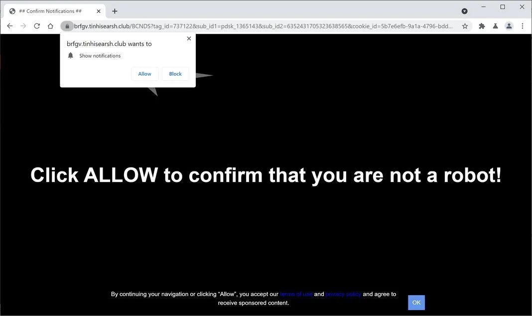 Image: Chrome browser is redirected to Tinhisearsh.club