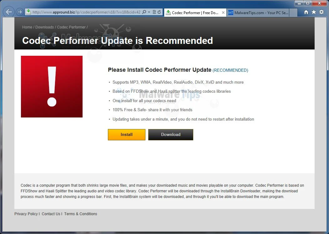 [Image: Please Install Codec Performer Update virus]