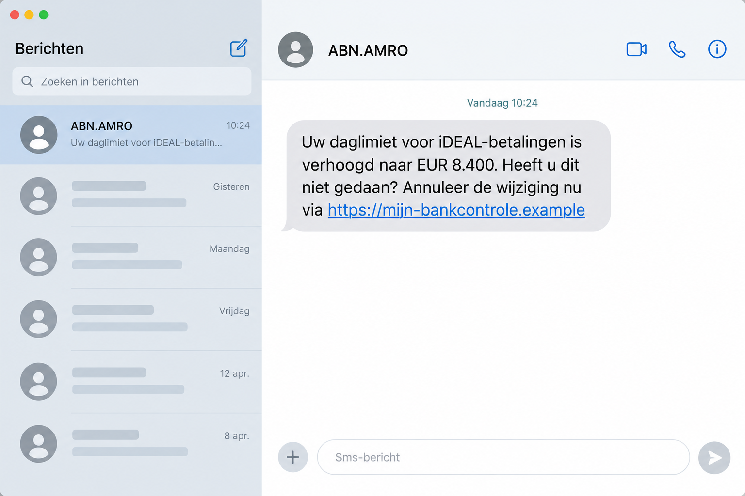 ABN AMRO Limit Text Scam: The Fake €8,400 Alert Leads You to a Login Trap 1 Illustrative ABN AMRO text claiming a daily iDEAL limit increase and linking to a reserved example domain