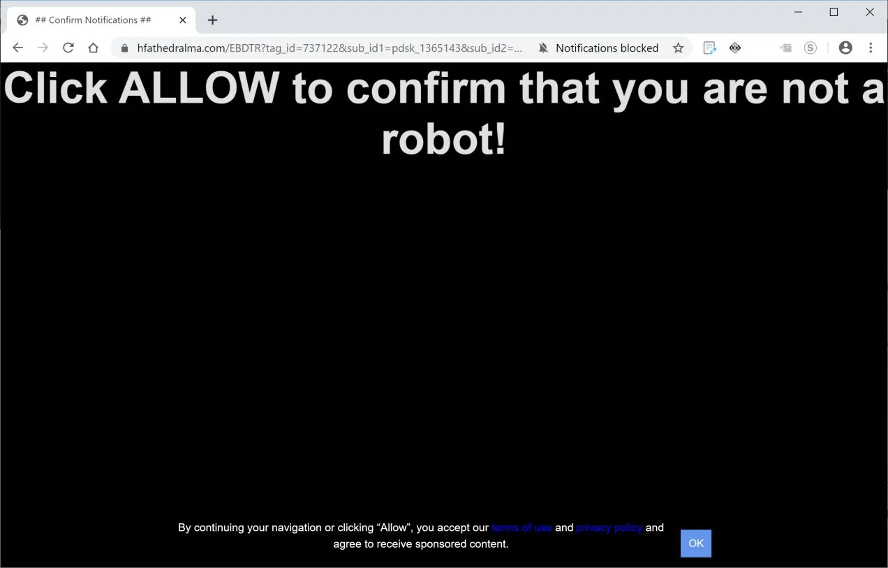 Image: Chrome browser is redirected to Hfathedralma.com