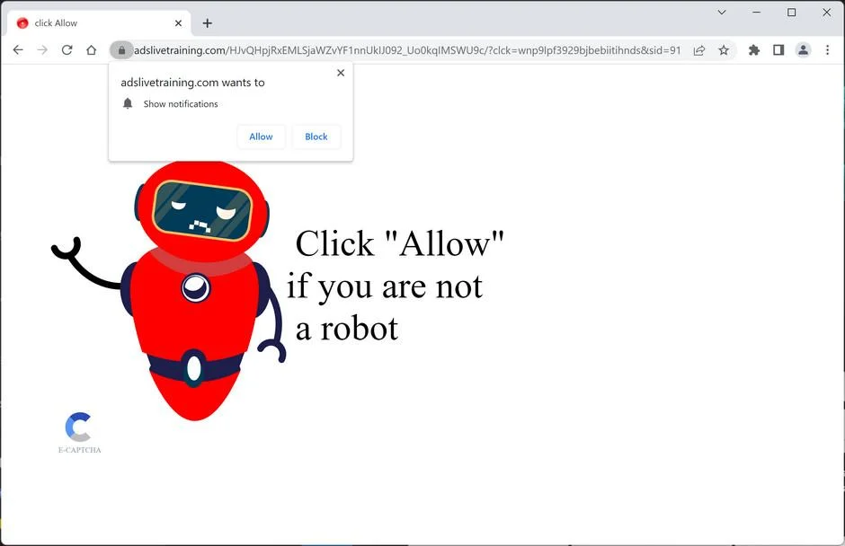 Image: Chrome browser is redirected to Adslivetraining.com