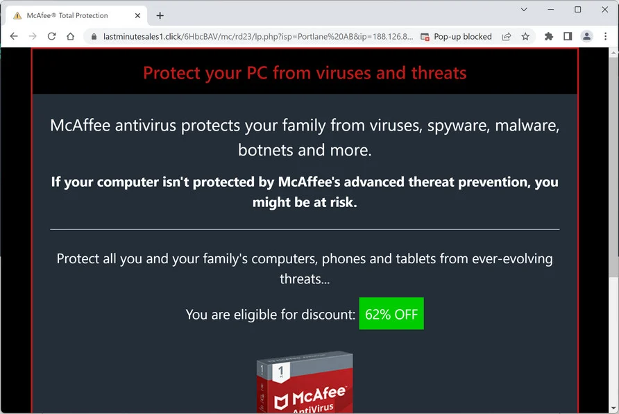 Image: Lastminutesales1.click Fake McAfee Virus Alert