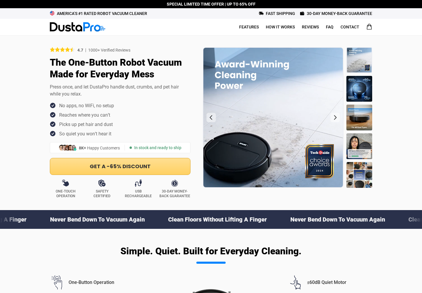 DustaPro robot vacuum sales page promoting one-button cleaning and a discount