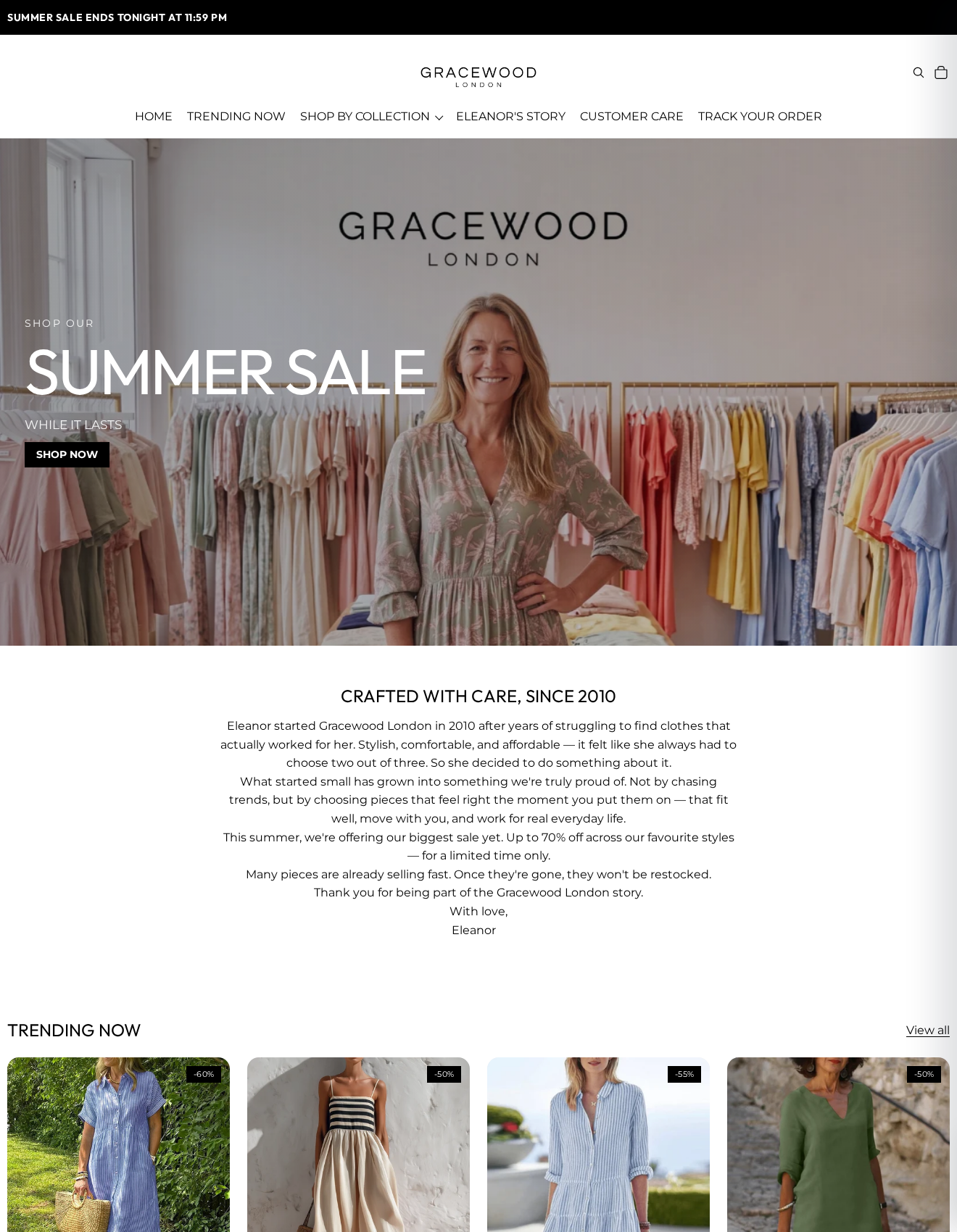 Gracewood London clothing page featuring its boutique story, summer sale and discounted dresses priced in pounds