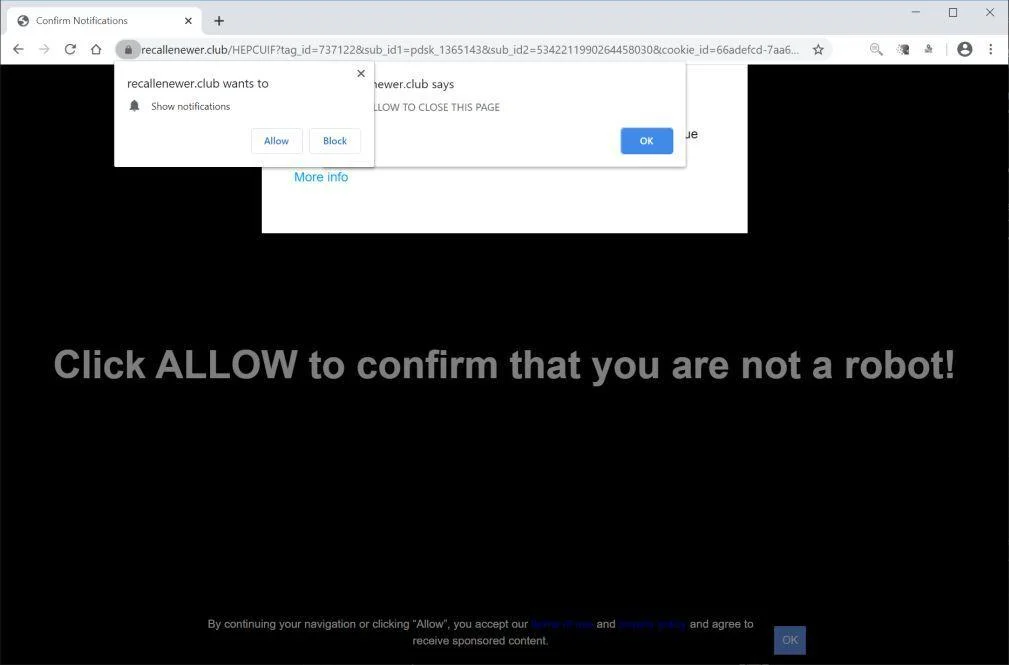 Remove Recallenewer.club pop-up ads (Virus Removal Guide) 1 Image: Chrome browser is redirected to Recallenewer.club