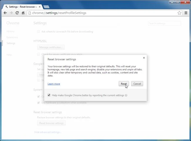 [Image: Click on Reset button to restore Chrome to default settings]