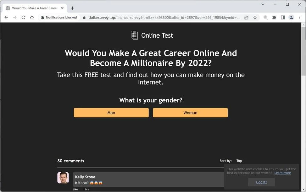 Remove Dollarsurvey.top Ads (Virus Removal Guide) 1 Image: Chrome browser is redirected to Dollarsurvey.top